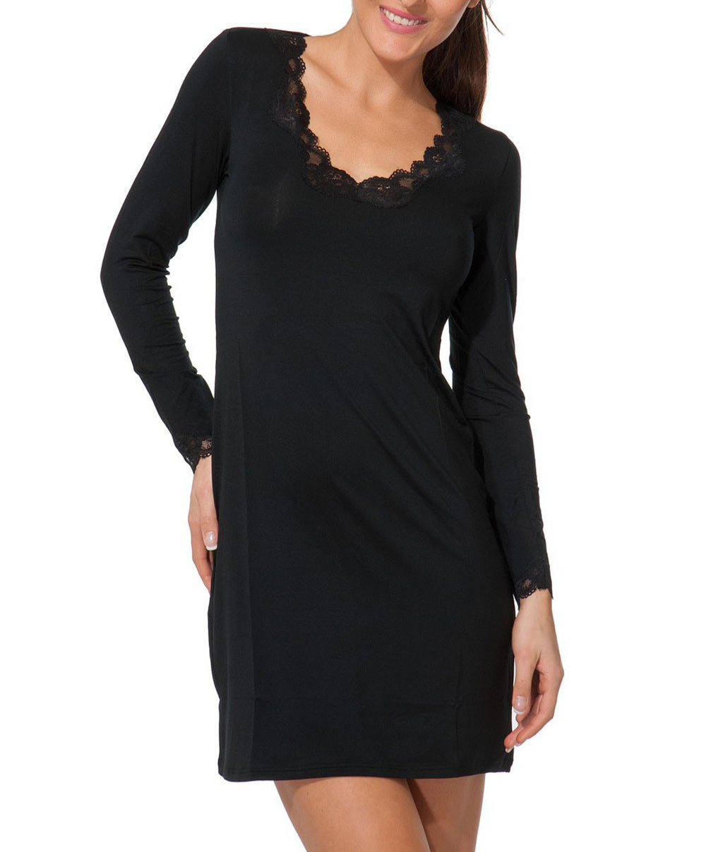 Chemise de nuit manches longues col en V Antigel de Lise Charmel Simply Perfect noir ENA1306-NO face