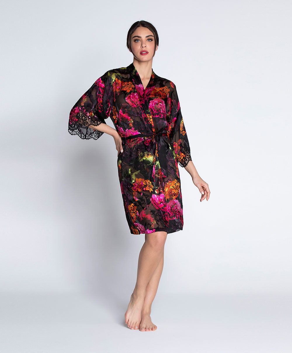 Déshabillé en soie et viscose Lise Charmel Floraison Passion safran rose ALH2086-SR