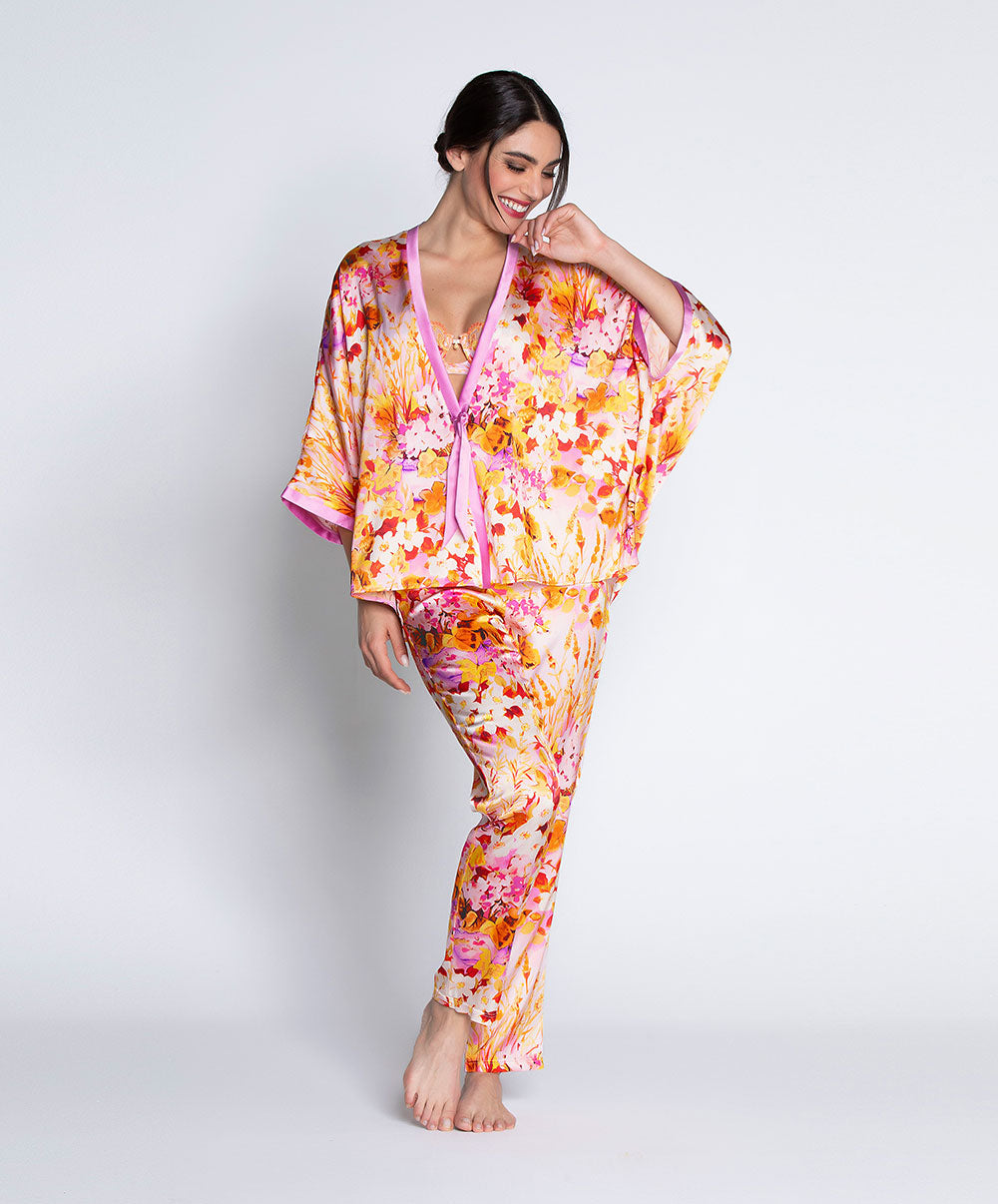 Kimono court en soie Lise Charmel Jardins de Lumière bouquet multicolore ALH2249-BL