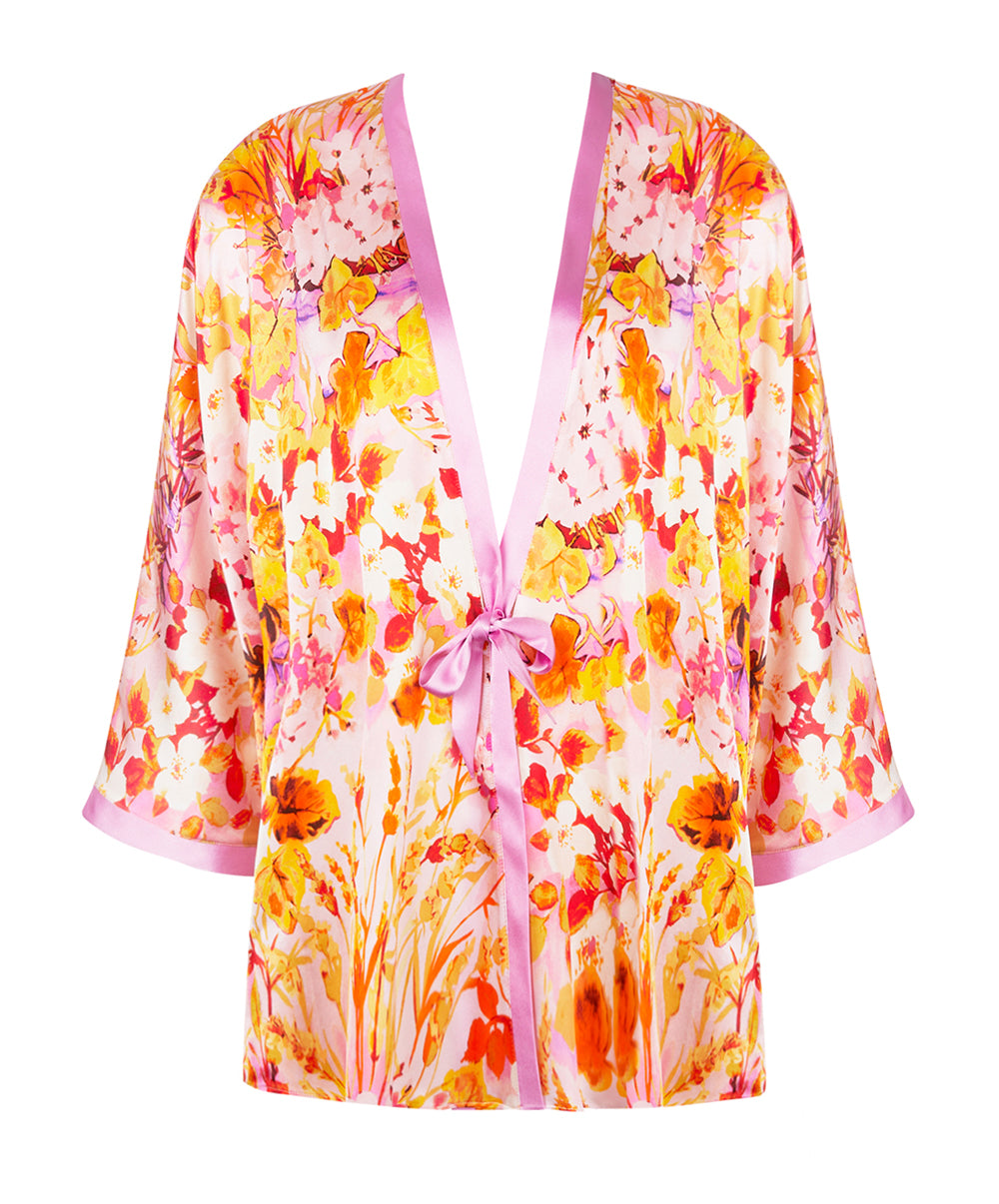 Kimono court en soie Lise Charmel Jardins de Lumière bouquet multicolore ALH2249-BL