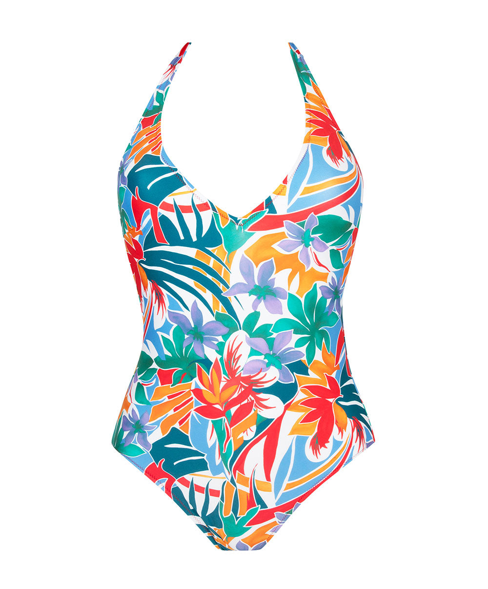 Maillot de bain une pièce sans armatures tour de cou La Flaneuse papiers découpés multicolore Antigel Bain EBB9267-PD