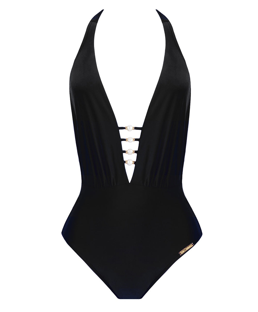 Maillot de bain une pièce sexy tour de cou Lise Charmel bain Perles Nacrées noir ABB9769-NO