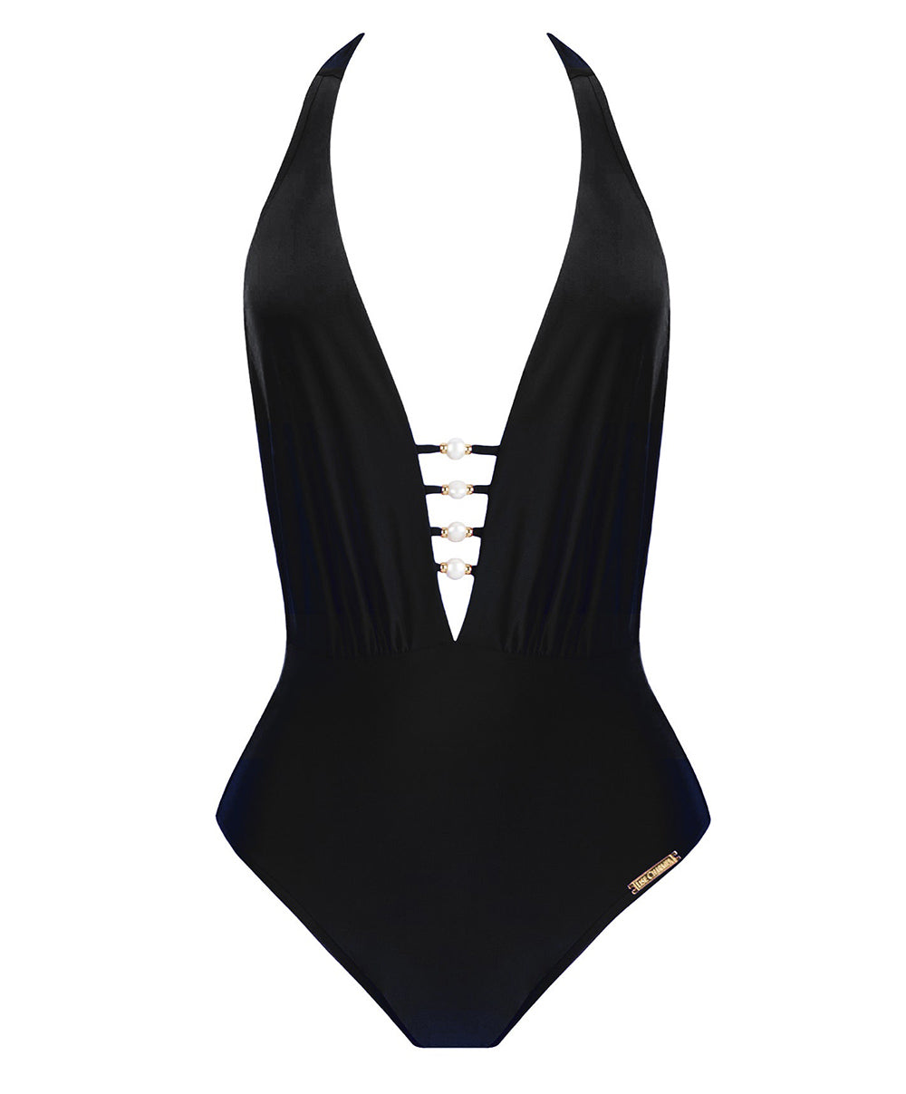 Maillot de bain une pièce sexy tour de cou Lise Charmel bain Perles Nacrées noir ABB9769-NO