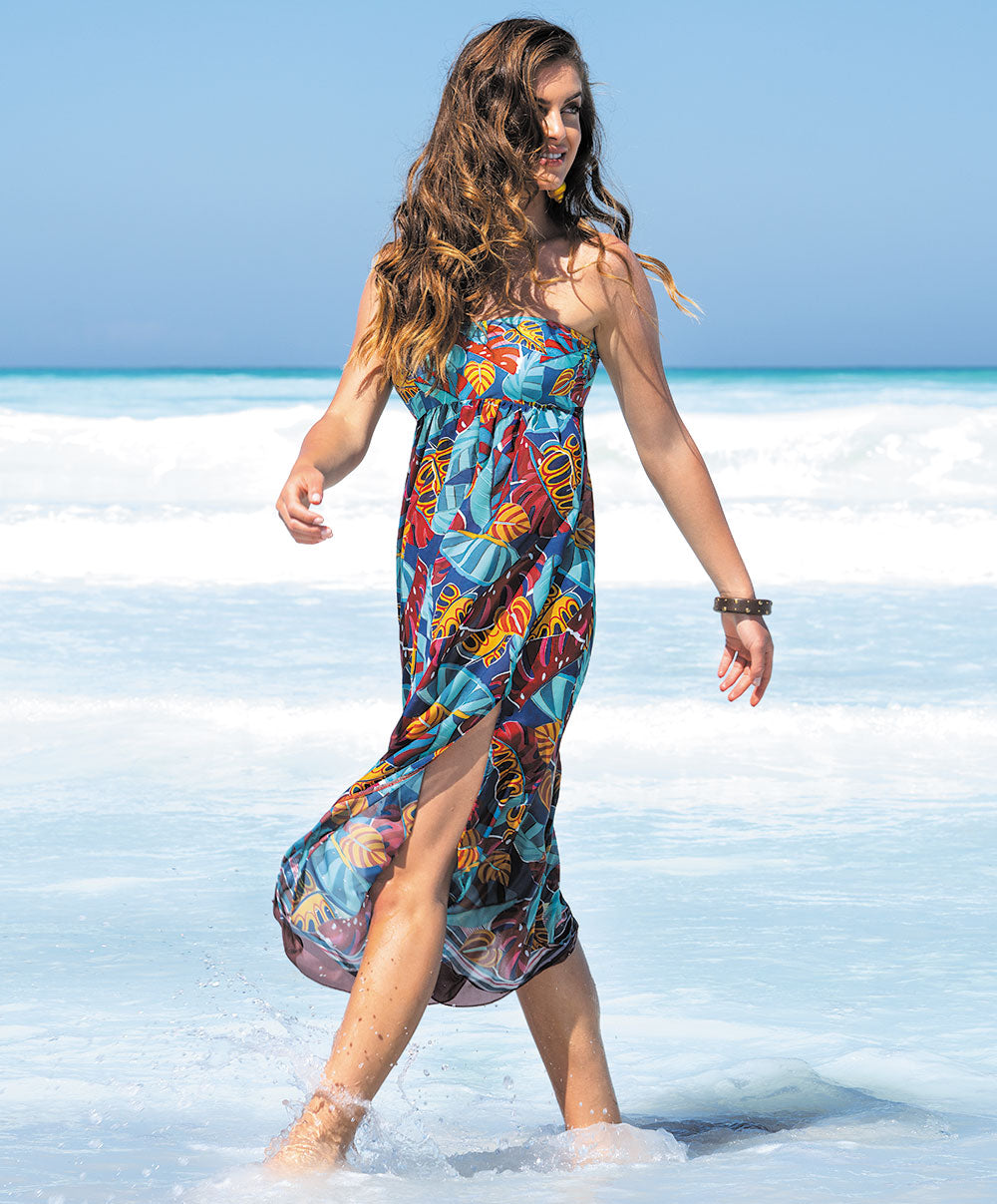 Robe de plage bustier longue La Foglia Antigel ciel feuillage Antigel Bain ESB1154-CF