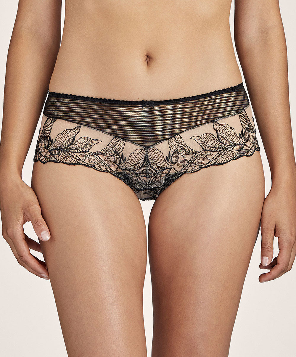 Shorty taille basse"St-Tropez" Fleur de Tatoo encre noire Aubade TB70-ENNO