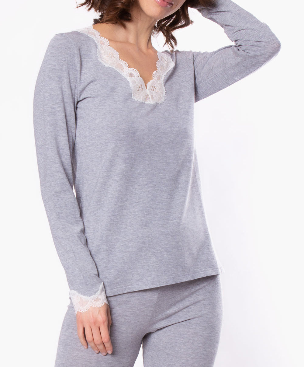 T-shirt manches longues col V Antigel de Lise Charmel Simply Perfect chiné gris ENA2006-CG