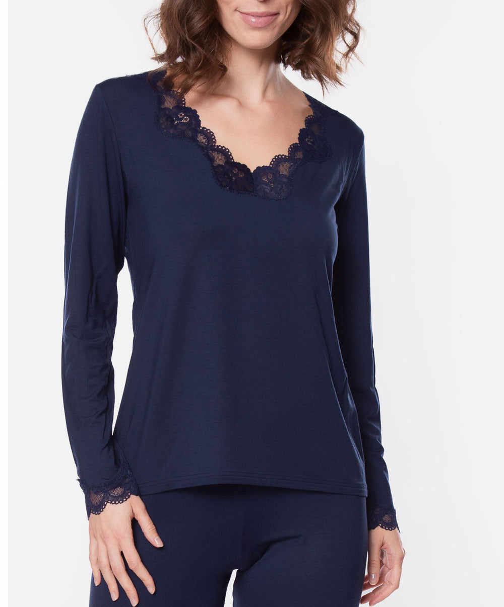 T-shirt manches longues col V Antigel de Lise Charmel Simply Perfect bleu marine ENA2006-BM