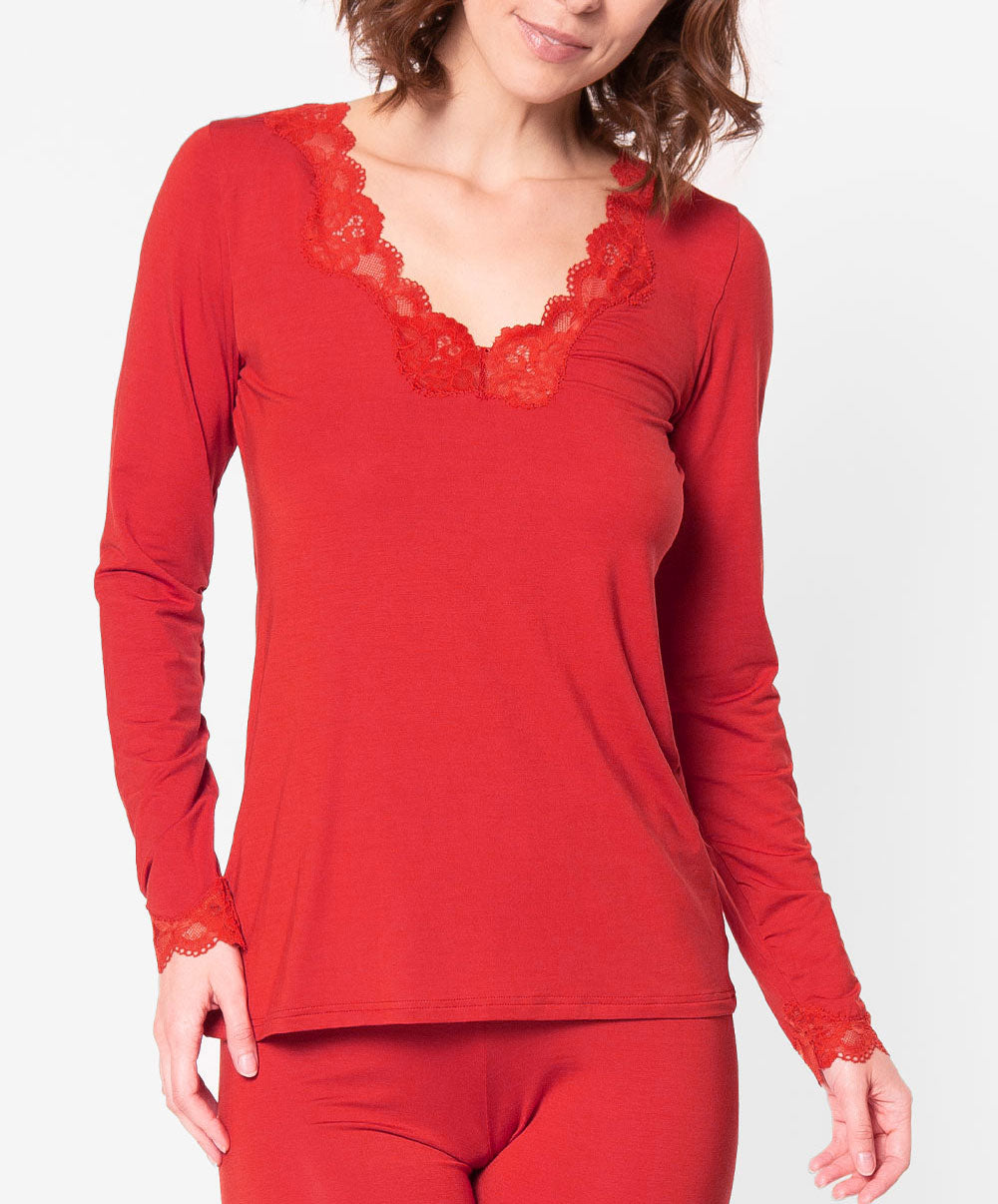 T-shirt manches longues col V Antigel de Lise Charmel Simply Perfect rouge capucine ENA2006-RC