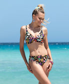 Bas de maillot de bain slip à coulisses La Muse en Fleurs bouquet radieux noir Antigel Bain FBB0630-BR