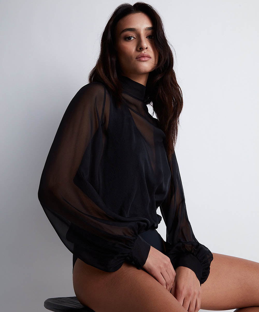 Body aubade 1m84-D noir en mousseline de soie