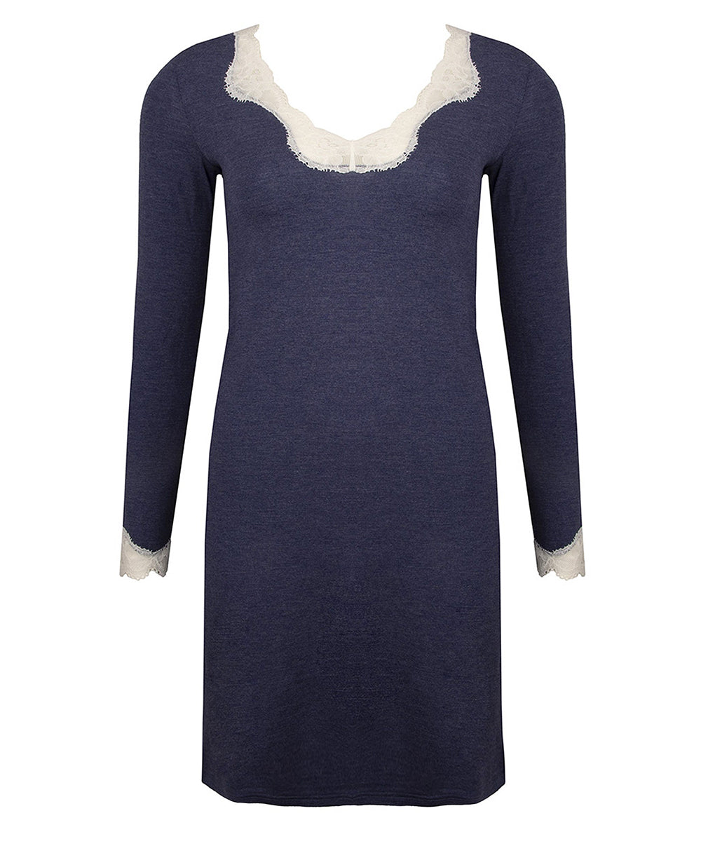 Chemise de nuit manches longues col en V Antigel de Lise Charmel Simply Perfect bleu chiné ENA1306-BN 100
