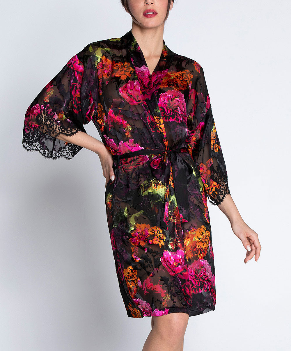 Déshabillé en soie et viscose Lise Charmel Floraison Passion safran rose ALH2086-SR