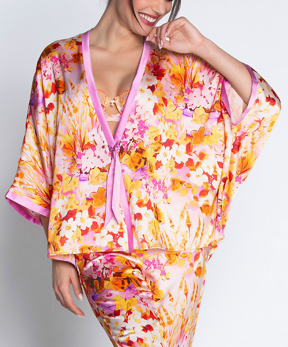 Kimono court en soie Lise Charmel Jardins de Lumière bouquet multicolore ALH2249-BL