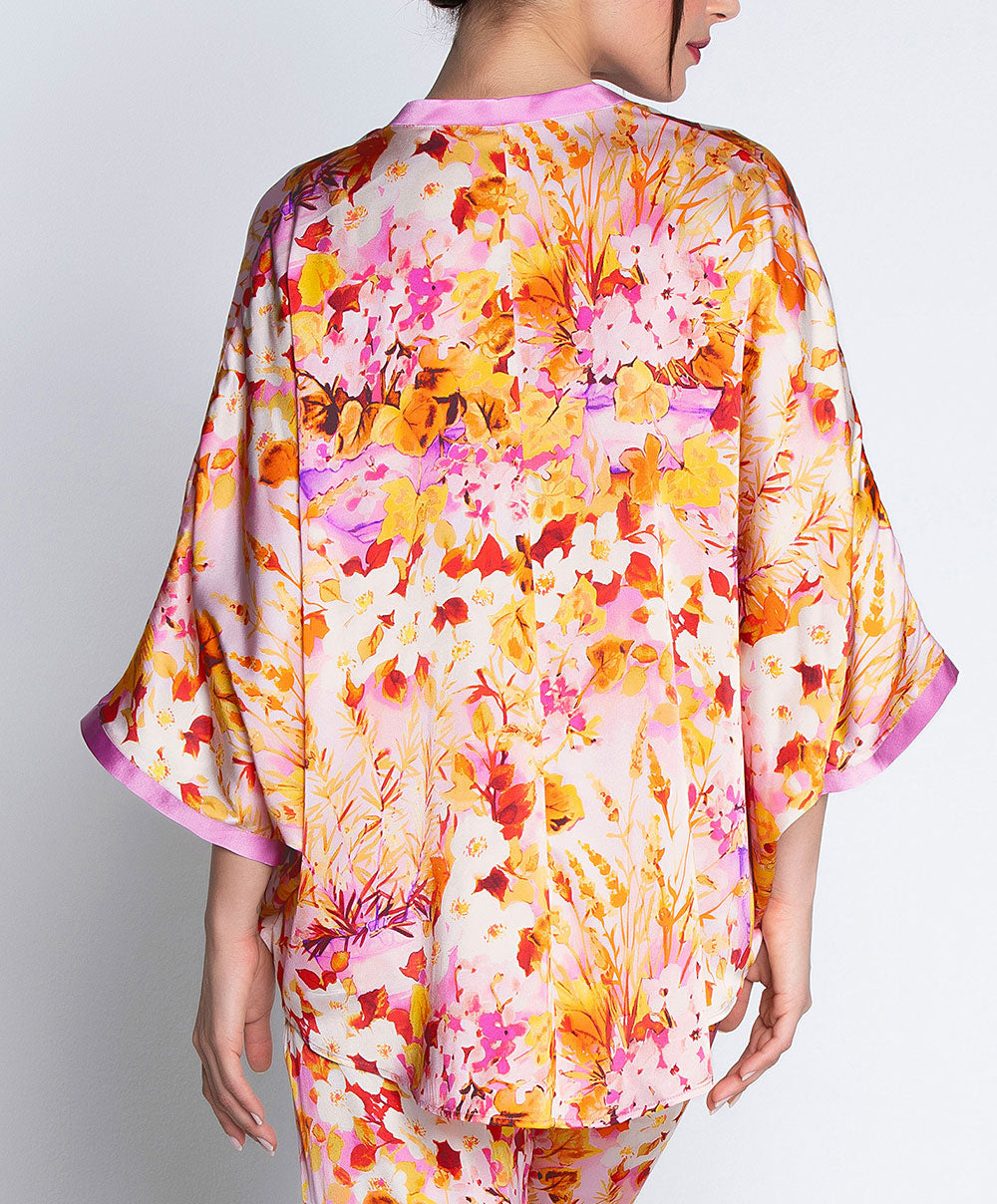 Kimono court en soie Lise Charmel Jardins de Lumière bouquet multicolore ALH2249-BL