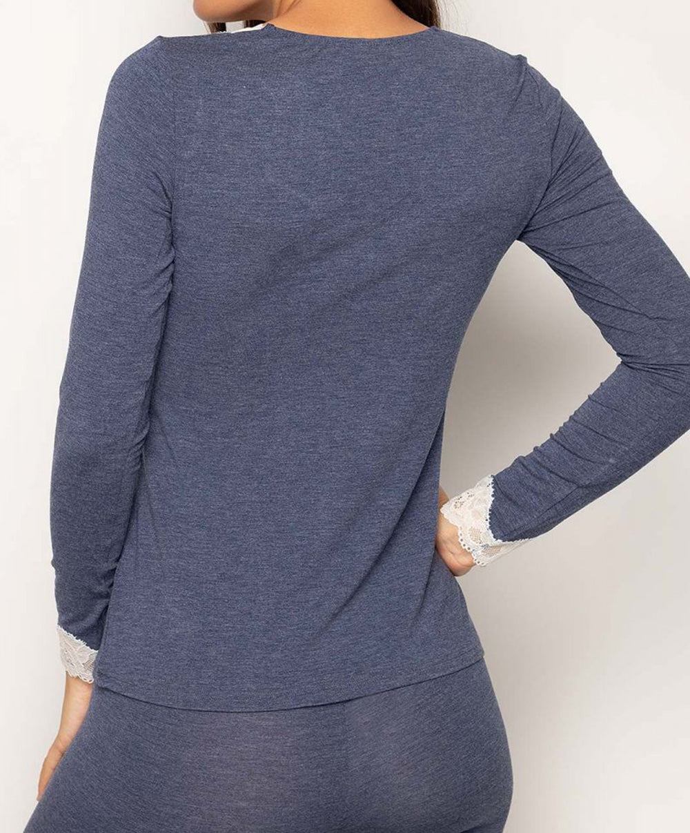 T-shirt manches longues col V Antigel de Lise Charmel Simply Perfect bleu chiné ENA2006-BN