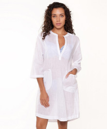 BAIN : Tunique robe de plage blanche en coton col tunisien